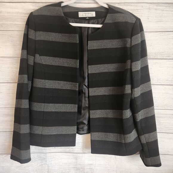 Tahari Arthur S. Levine Size 16 Black Gray Striped Blazer - Picture 1 of 6